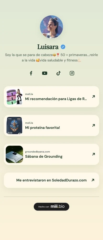 Captura del perfil real de Luisara en miii.bio, con su foto, redes sociales y recomendaciones