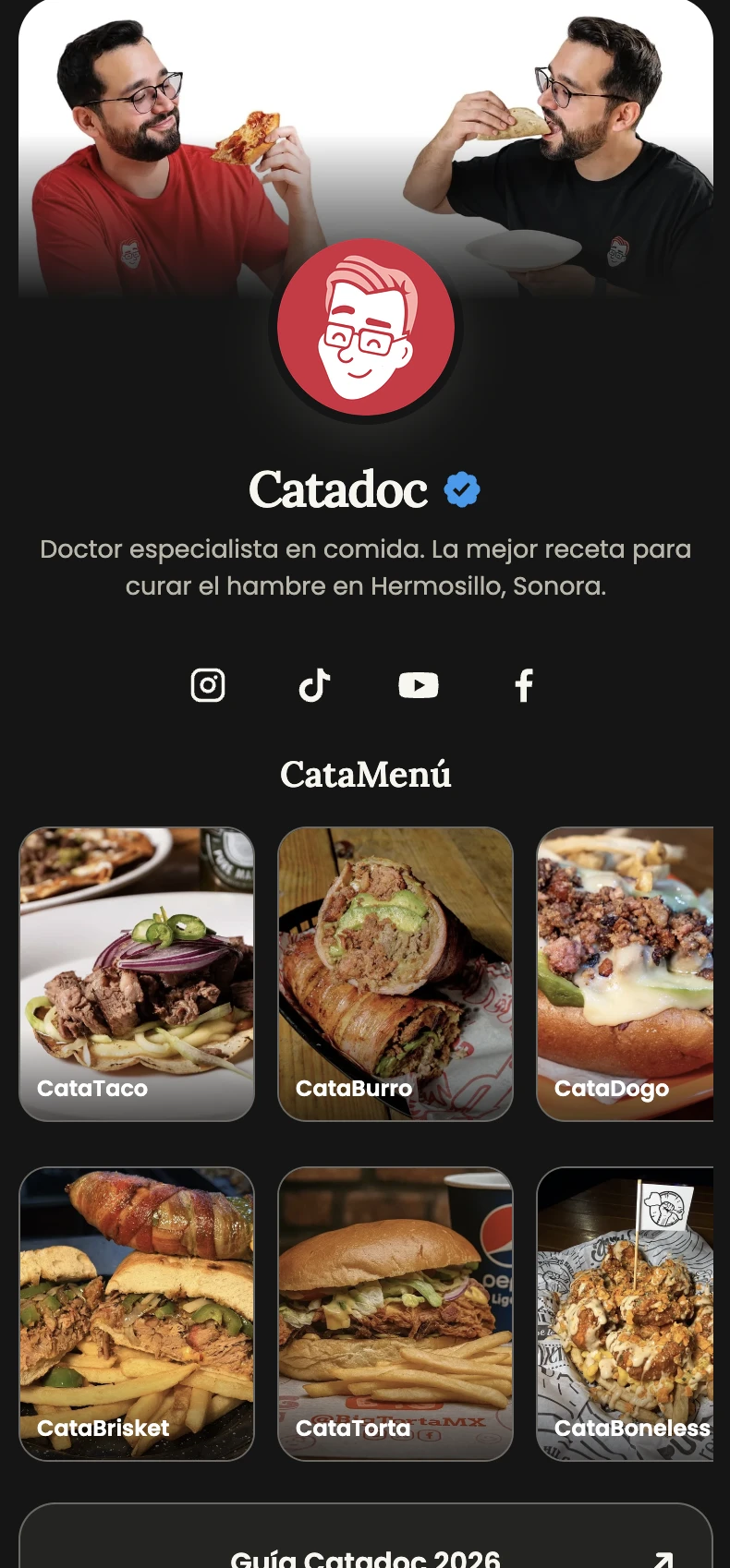 Captura real de la bio de Catadoc: portada, perfil verificado, redes y CataMenú